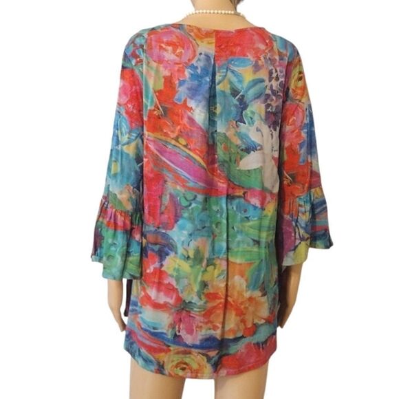 John Mark Women's Size Large Multicolor Ruffle Sleeve Artistic Blouse Top - Picture 2 of 11